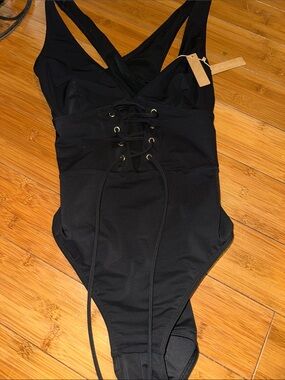 Shapellx  size L Black Lace-Up One-Piece Swimsuit